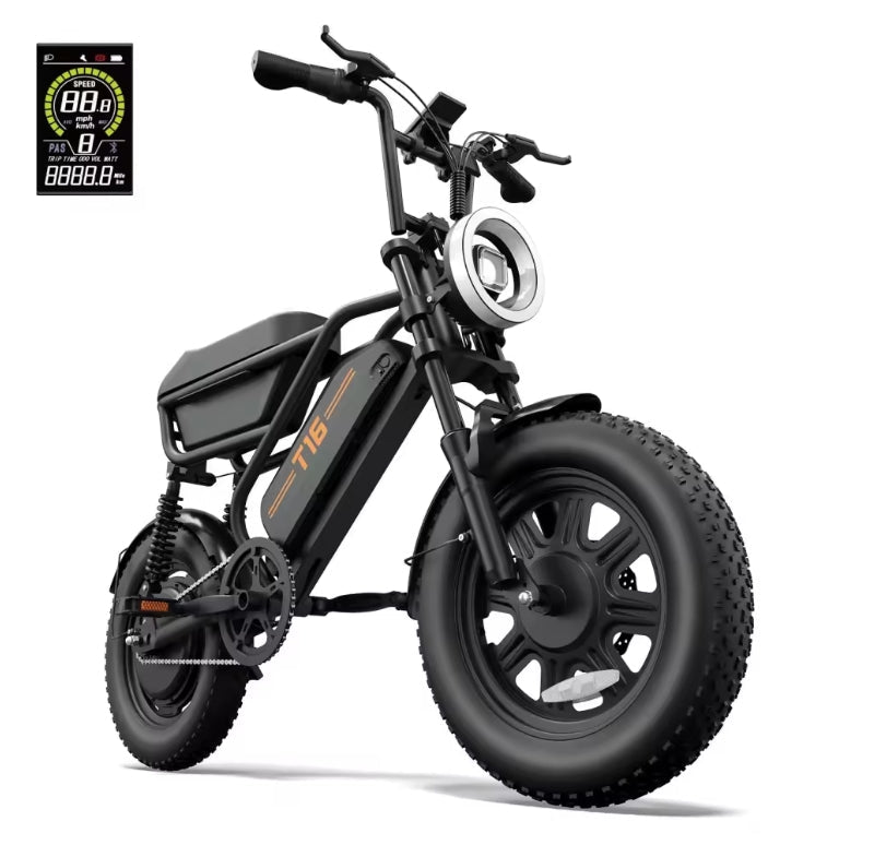 Urlife T16 250W electric city bike in stealth black, shown from a three-quarter profile highlighting the fat tyres, rear shock absorption, circular halo LED headlight, and digital LCD display inset.