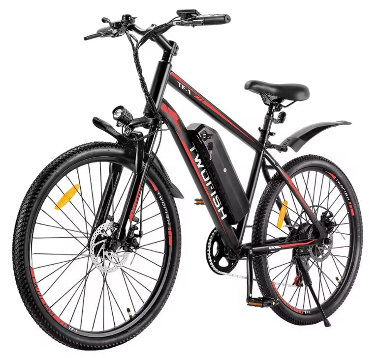 TWOFISH TF-1 Electric Bike in Matte Black with Red accents featuring 26-inch tyres, frame-mounted battery, front headlight, and mechanical disc brakes.
