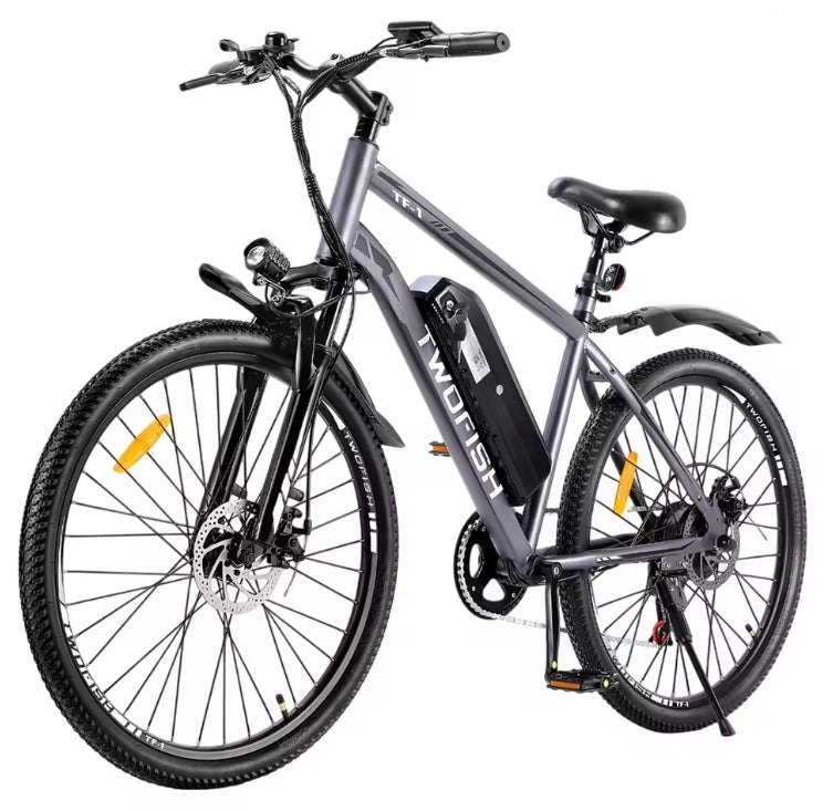TWOFISH TF-1 Electric Bike in Silver with Grey accents featuring 26-inch tyres, removable downtube battery, front suspension, and mechanical disc brakes.