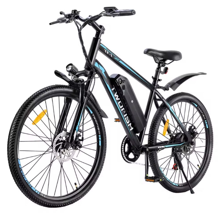 TWOFISH TF-1 Electric Bike in Matte Black with Blue accents featuring 26-inch tyres, frame-mounted battery, front headlight, and mechanical disc brakes.