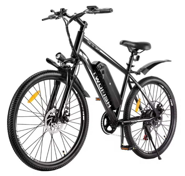 TWOFISH TF-1 Electric Bike in Matte Black with White accents featuring 26-inch tyres, frame-mounted battery, front headlight, and mechanical disc brakes.