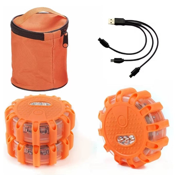 VARELO Rechargeable LED Emergency Road Flares 3-Pack set with orange protective carrying bag and USB multi-charging cable for roadside vehicle safety