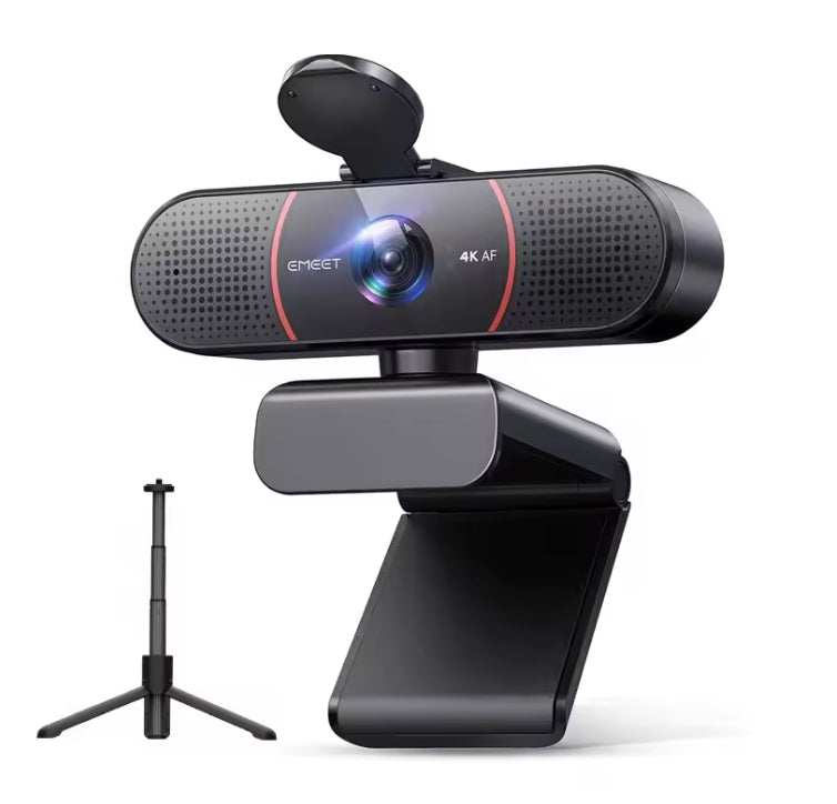 EMEET 4K UHD autofocus USB webcam in black featuring flipped-up privacy cover, dual speaker grilles, monitor clip stand, and included mini tripod