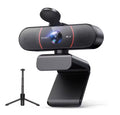 EMEET 4K UHD autofocus USB webcam in black featuring flipped-up privacy cover, dual speaker grilles, monitor clip stand, and included mini tripod