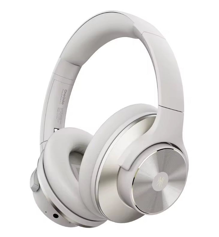 OneOdio A10 Hybrid ANC Over-Ear Bluetooth Headphones in Pearl White with contrasting black memory foam earpads, silver brushed metallic earcups, and built-in ANC controls | VARELO