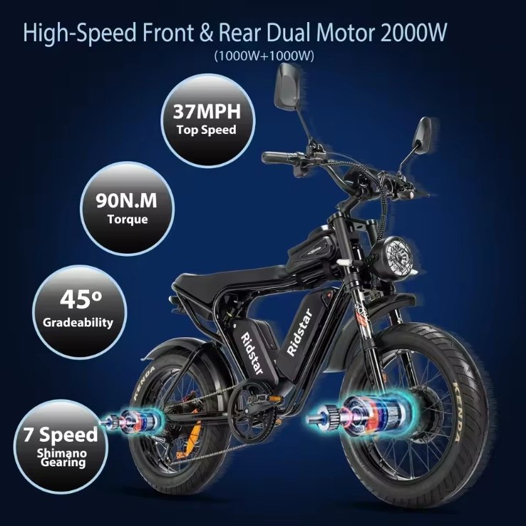 Black Electric bike with specifications on a blue background