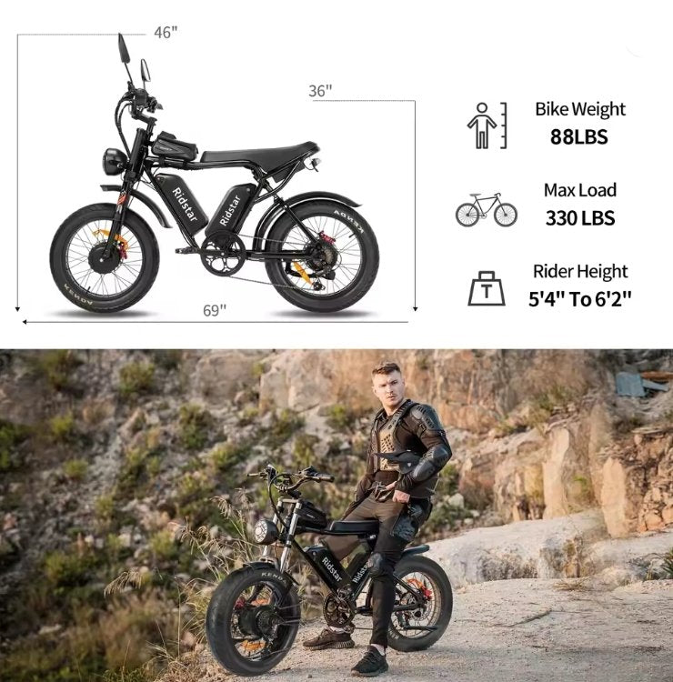 Electric bike with specifications and a person riding it in a natural setting