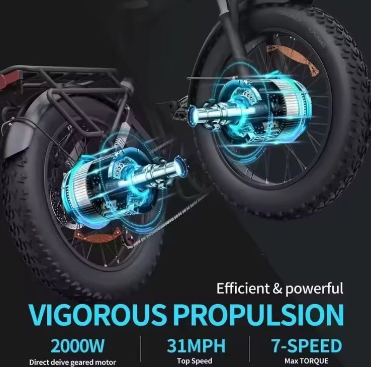 Close-up of an electric bicycle wheel with an electric motor and text highlighting propulsion details.