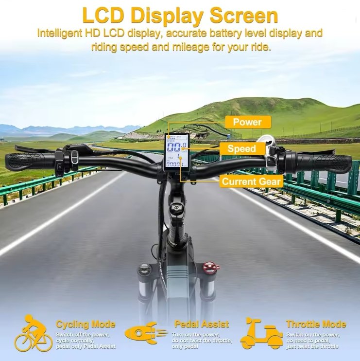 Electric Bicycle handlebar with LCD display screen on a road with green hills in the background