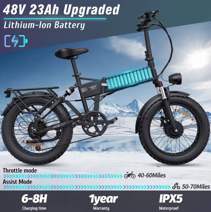 Black Electric bike with 48V 23Ah lithium-ion battery on a snowy mountain background