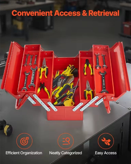 VEVOR Red Steel Tool Box Opened Revealing Socket Sets and Hand Tools in Trays
