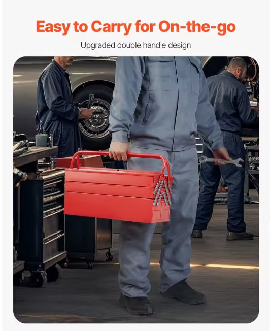 Worker Carrying VEVOR 18 Inch Red Metal Cantilever Tool Box via Dual Steel Handles