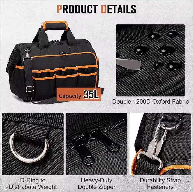 35L Tool Bag Specs Highlighting 1200D Oxford Fabric Heavy Duty Zipper and D-Rings