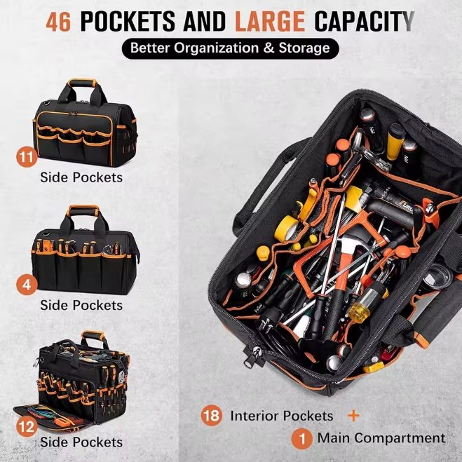 46 Pockets and 35L Large Capacity Storage Layout Diagram for Heavy Duty Tool Bag
