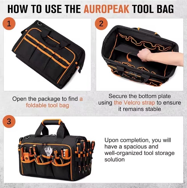 How to Use Tool Bag Guide Showing Unfolding and Inserting Bottom Support Plate
