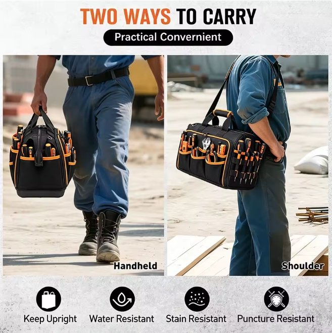 Tradesman Carrying 35L Tool Bag via Reinforced Top Handle and Padded Shoulder Strap