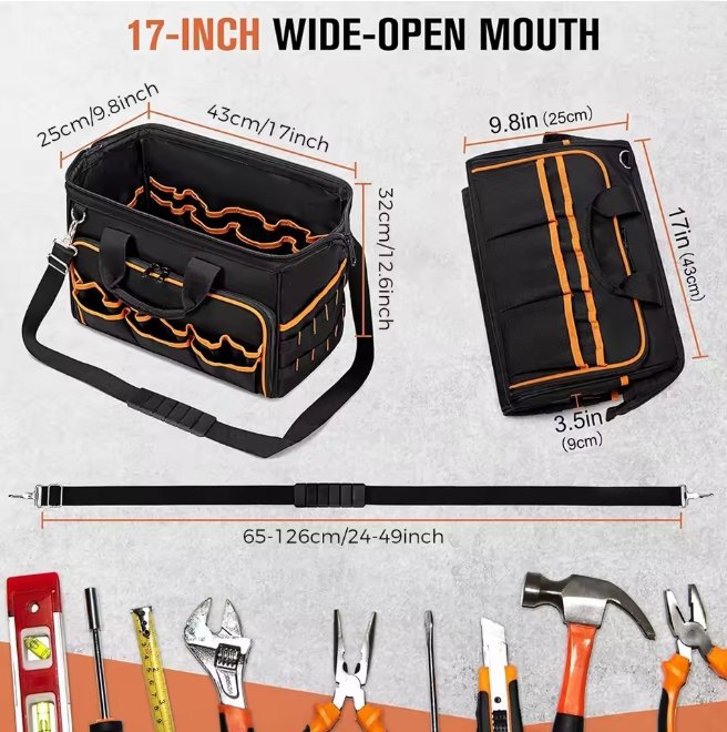 17 Inch Wide Open Mouth Tool Bag Technical Dimensions and Shoulder Strap Detail