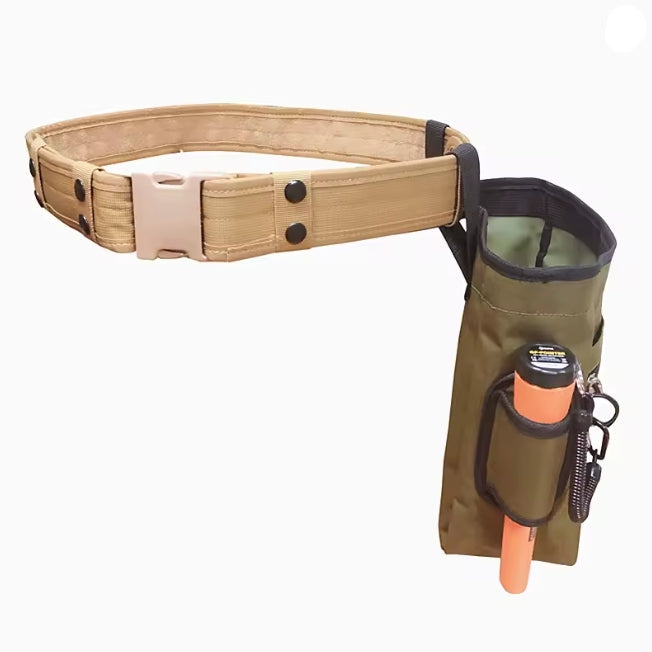 Tan tactical utility belt setup with quick-release buckle and mounted side pouch