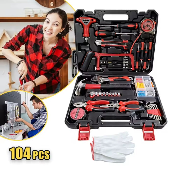 103-piece complete household DIY tool kit with blow-molded storage case and work gloves