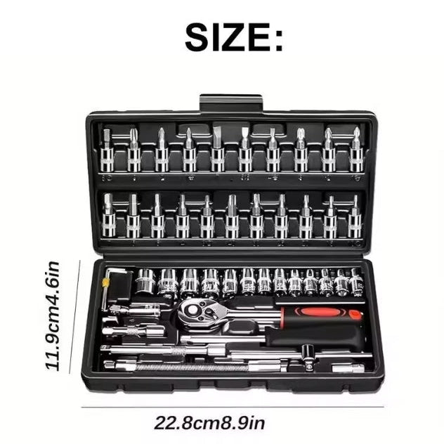 Compact hard case dimensions measuring 23.8cm by 12.3cm for 46-piece socket set
