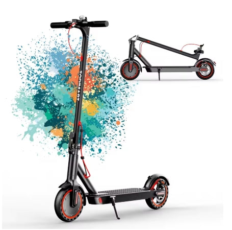 Black folding electric scooter with colorful abstract design on a white background