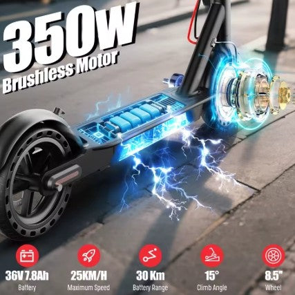 Electric scooter with 350W brushless motor and specifications displayed on a road background