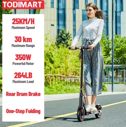 Woman riding an electric scooter with product specifications on a city street.