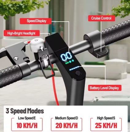 Electric scooter handlebar with digital display and control buttons, labeled features.