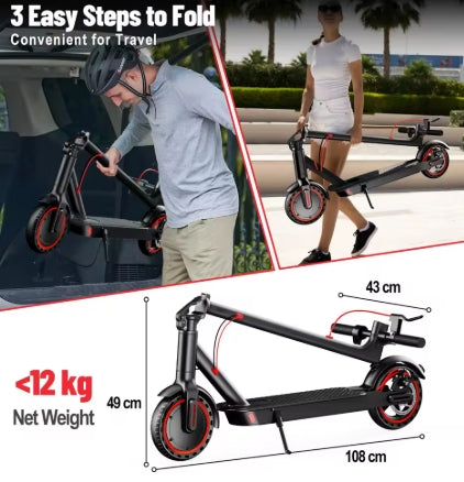 Folding electric scooter with user demonstration, dimensions, and weight information.