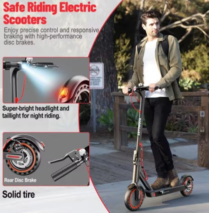 Person riding an electric scooter with features highlighted on a promotional graphic.