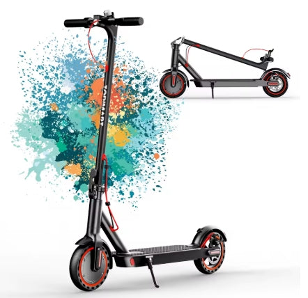 Black folding electric scooter with colorful abstract design on a white background