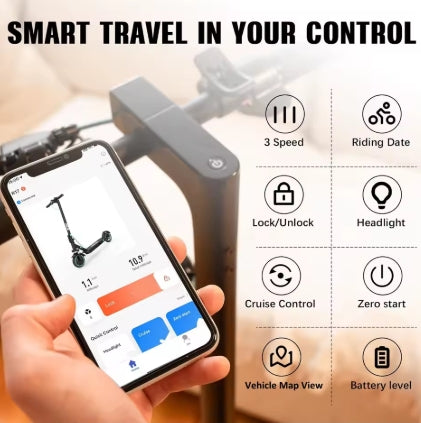 Smart scooter control app on a phone with scooter and features listed