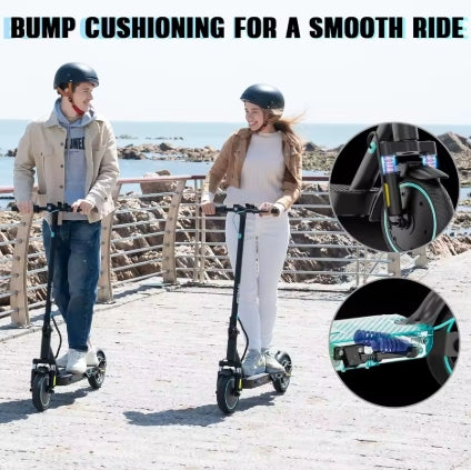 Two people riding electric scooters with text about bump cushioning on a wooden boardwalk.