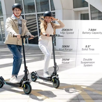 Two people riding electric scooters with product specifications displayed on a whiteboard.
