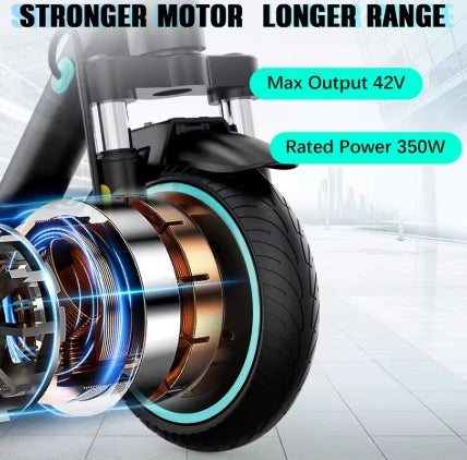 Motorized scooter wheel with power specifications on a white background