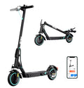 Electric scooter with folded scooter and smartphone app interface on a white background