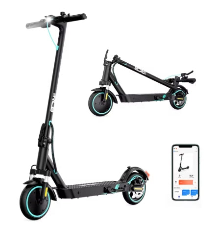 Electric scooter with folded scooter and smartphone app interface on a white background