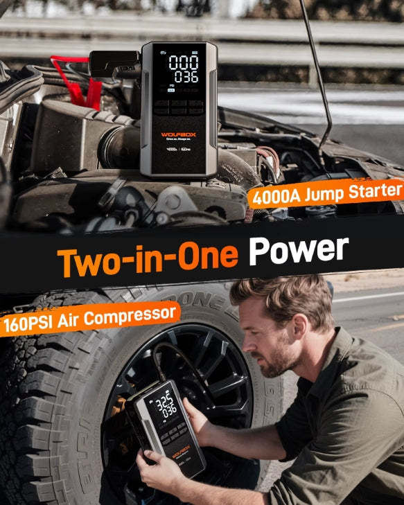Jump starter and air compressor device with a man using it on a car tire.