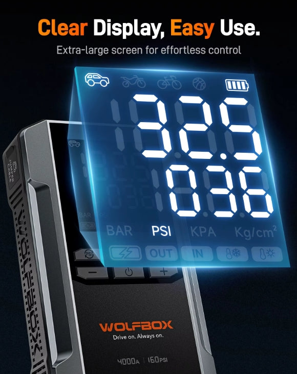 Digital display device with large screen and measurement values, branded as WOLFBOX.