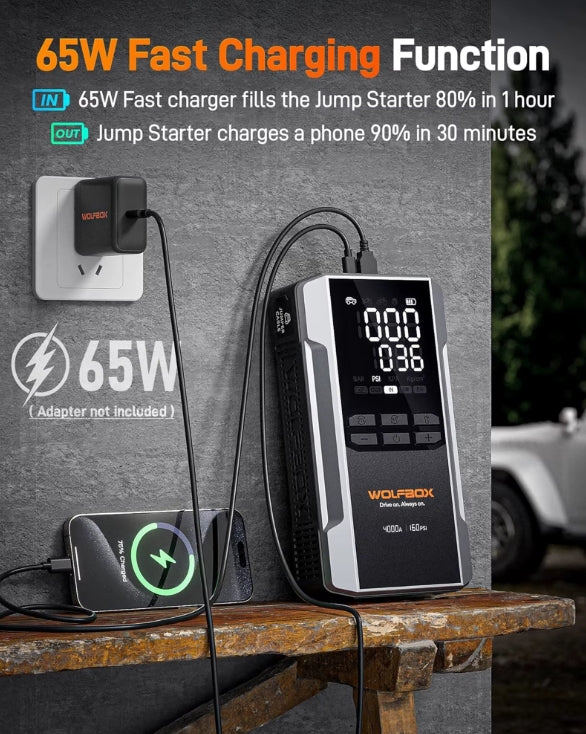 Wolbox jump starter with digital display and fast charging capabilities on a wooden surface.