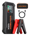 Wolfbox jump starter with clamps, cable, and carrying case on a white background