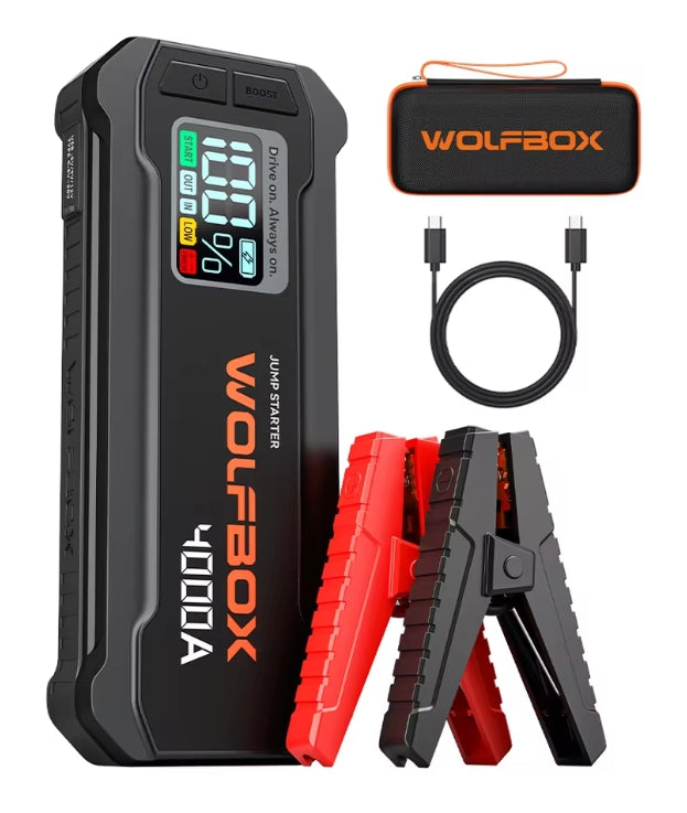 Wolfbox jump starter with clamps, cable, and carrying case on a white background