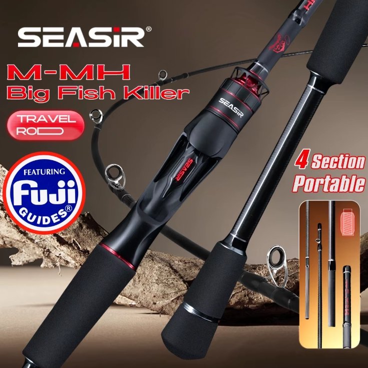 SEASIR M-MH Big Fish Killer travel rod with Fuji guides on a rocky background