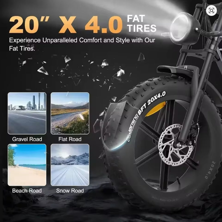 Fat tire e-bike with 20x4.0 tires on a dark background with road conditions shown.
