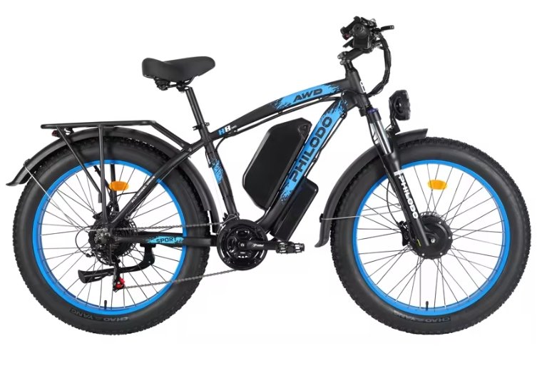 Black electric bike with blue accents on a white background