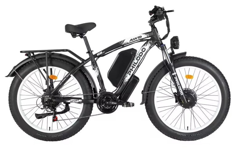 Black electric bicycle with white accents on a white background
