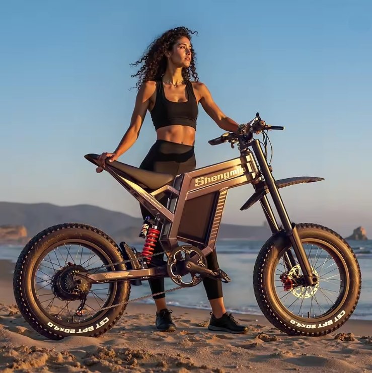 Woman standing on a beach with a Shengmilo Electric Mountain Bike