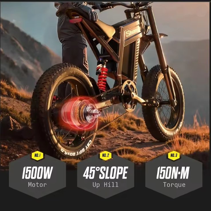 Black electric mountain bike with technical specifications displayed