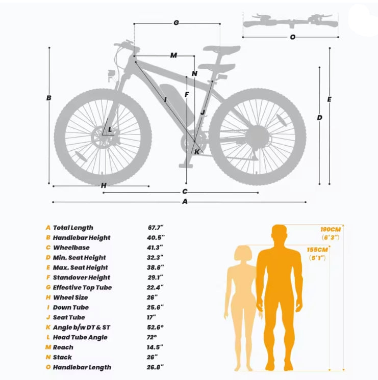 Bicycle fitment measurement chart showing a bicycle outline with labeled body dimensions, a small top-down view, a size legend, and human body silhouette measurements in centimeters and inches.