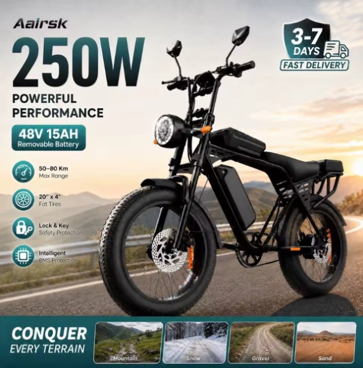 Aairsk 250W fat tyre electric bike with 48V 15Ah battery on mountain road, front light and disc brakes.